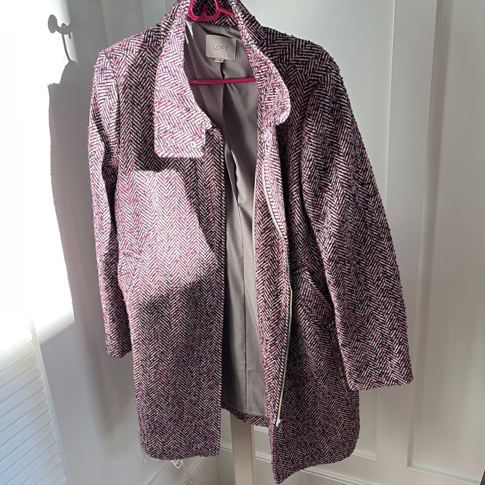 LOFT Herringbone Coat - Pink and White